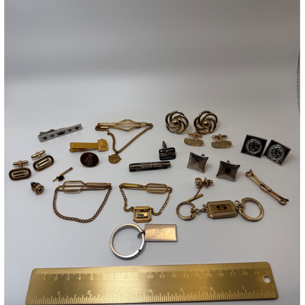 Swank Mixed Lot OS Vintage Cufflinks Tie Bars Keychains Gold Silver Tone Retro